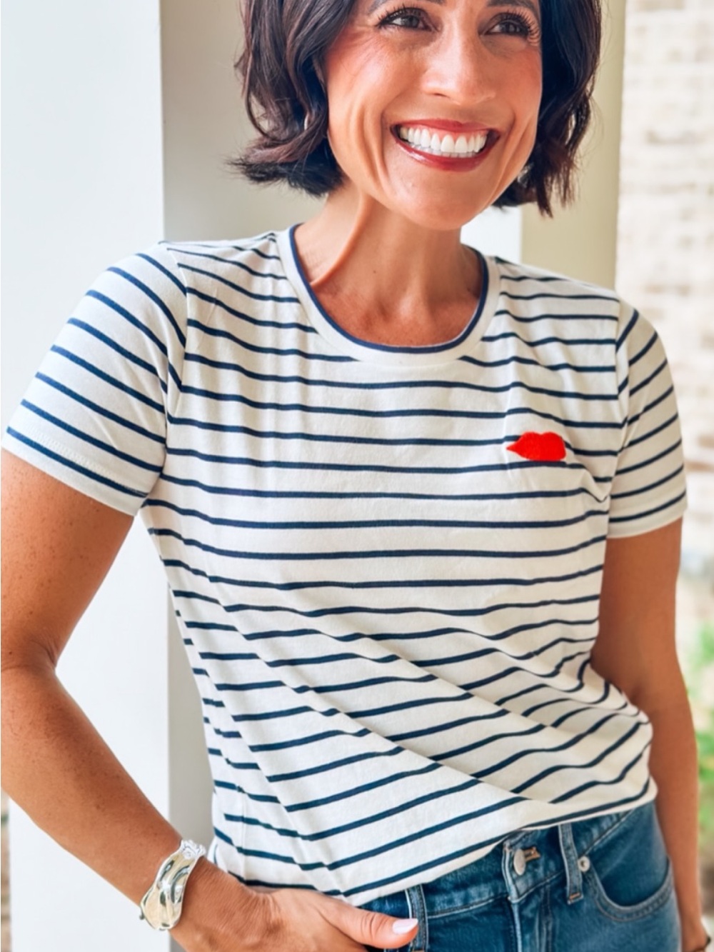 J. Crew  Collector’s  Tee White Navy Striped Tee with Red Lip Patch